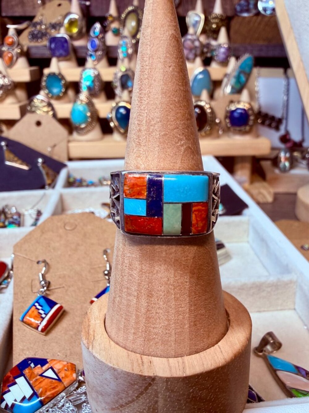 Colorblock Inlay Sterling Silver Statement Ring - Turquoise & Coral - Picture 10 of 10